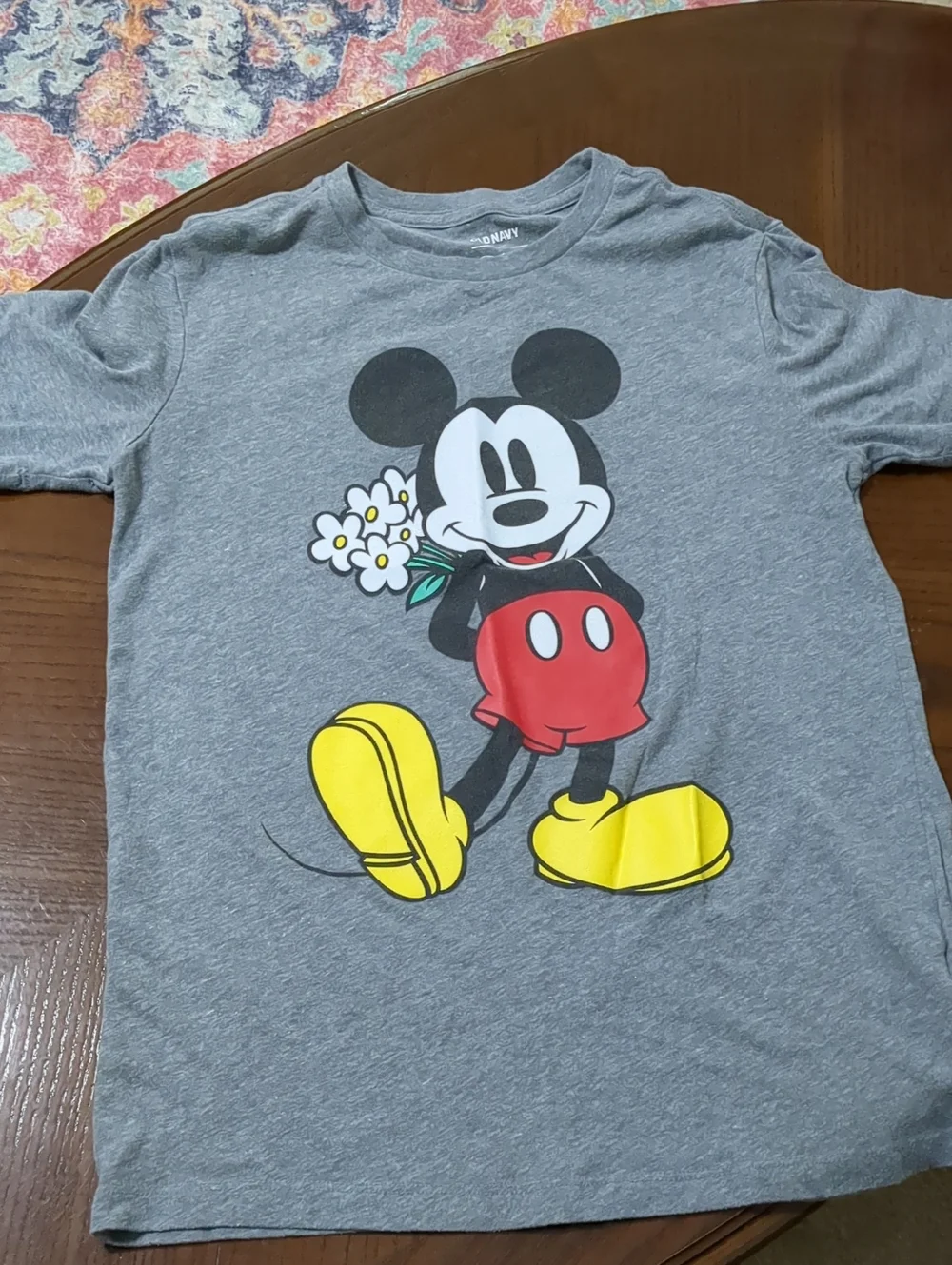 Old Navy Gray Mickey Mouse Graphic Tee with Red and Yellow Accents